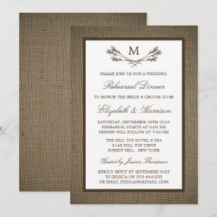 Invitation Dîner de répétition de Burlap, Branche Rustic Mono