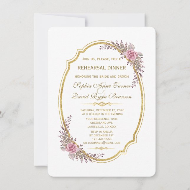 Invitation Dîner de répétition de cadre doré flou élégant (Devant)