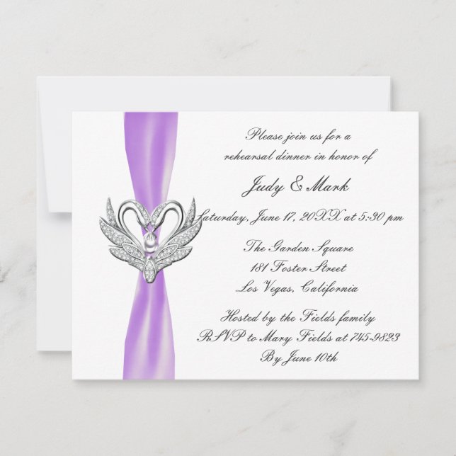 Invitation Dîner de répétition de cygnes en argent violet Rib (Devant)