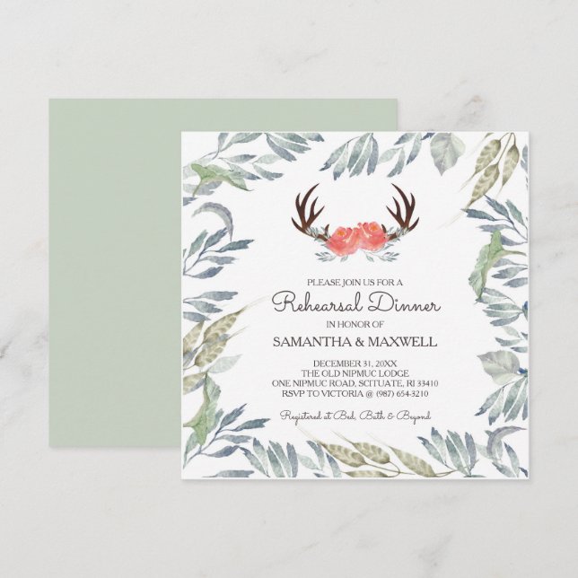Invitation Dîner de répétition de DEER ANTLER & Greenery Invi (Devant / Derrière)