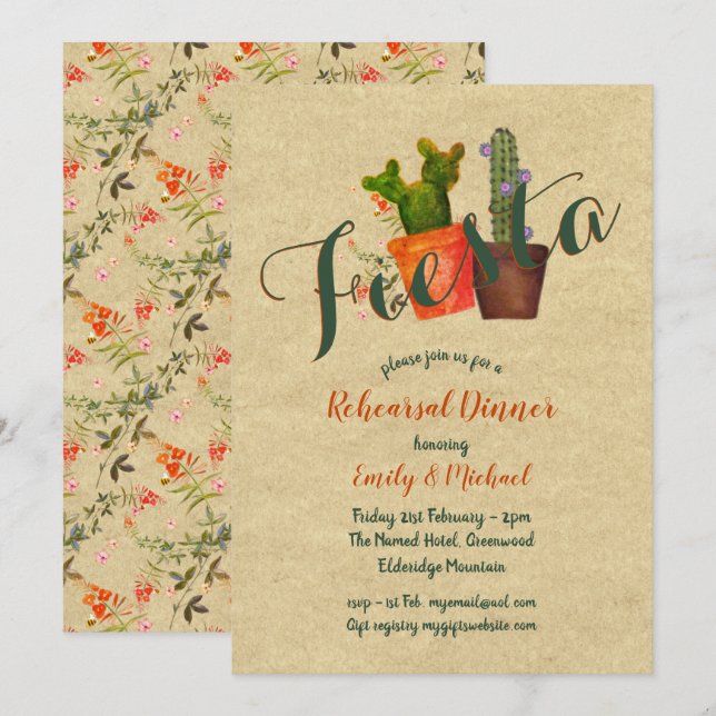 Invitation Dîner de répétition de fêtes mexicaines Cactus rus (Devant / Derrière)