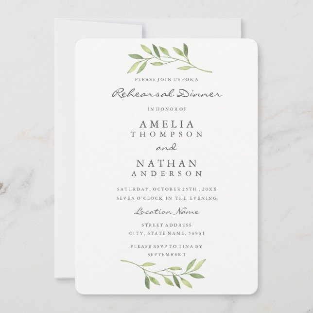 Invitation Dîner de répétition de feuille d'aquarelle Invitat (Devant)