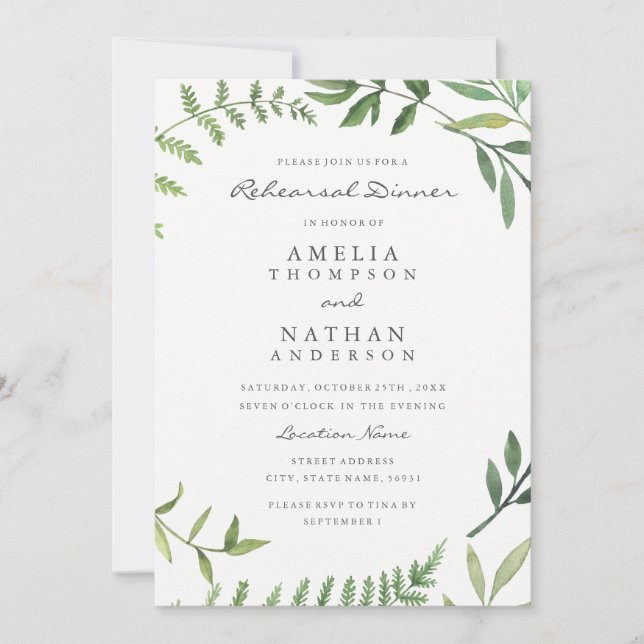 Invitation Dîner de répétition de feuille d'aquarelle verte I (Devant)
