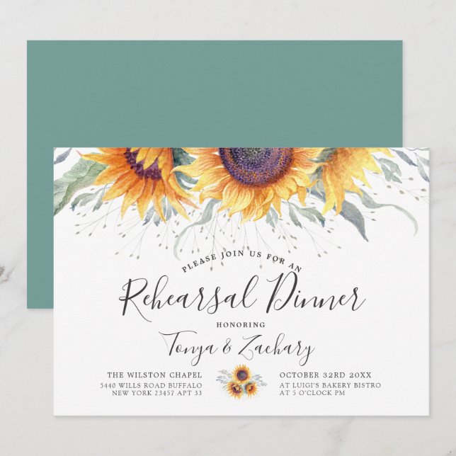 Invitation Dîner de répétition de fleurs de tournesol du prin (Devant / Derrière)