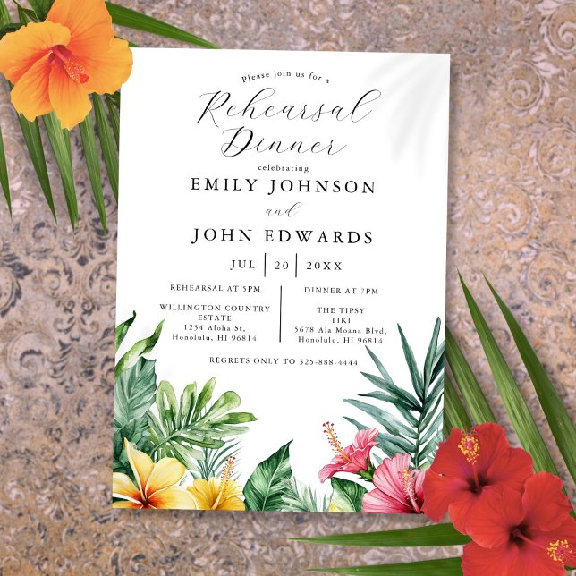 Invitation Dîner de répétition de fleurs tropicales à l'aquar (Watercolor Tropical Flowers Rehearsal Dinner Invitation)