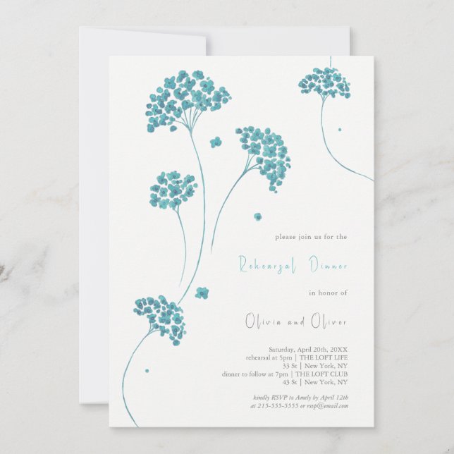 Invitation Dîner De Répétition De Fleurs Turquoise Mignonnes (Devant)