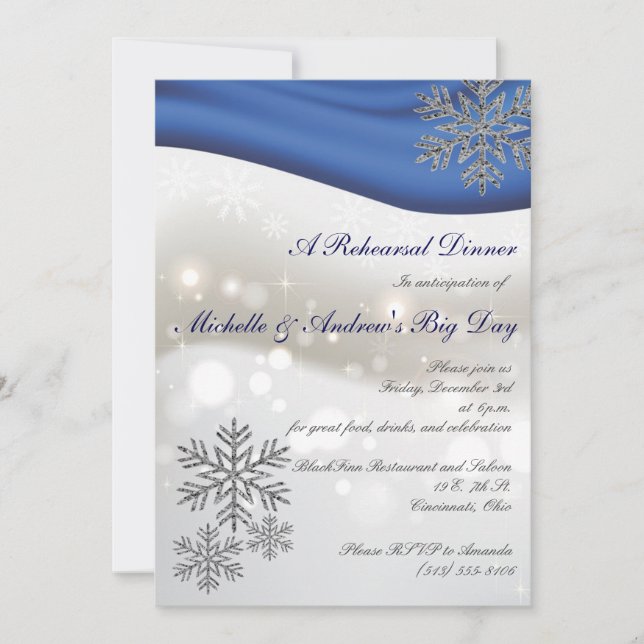 Invitation Dîner de répétition de flocons de neige d'argent (Devant)