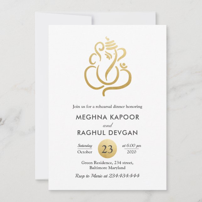 Invitation Dîner de répétition de Ganesha de feuille d'or de (Devant)