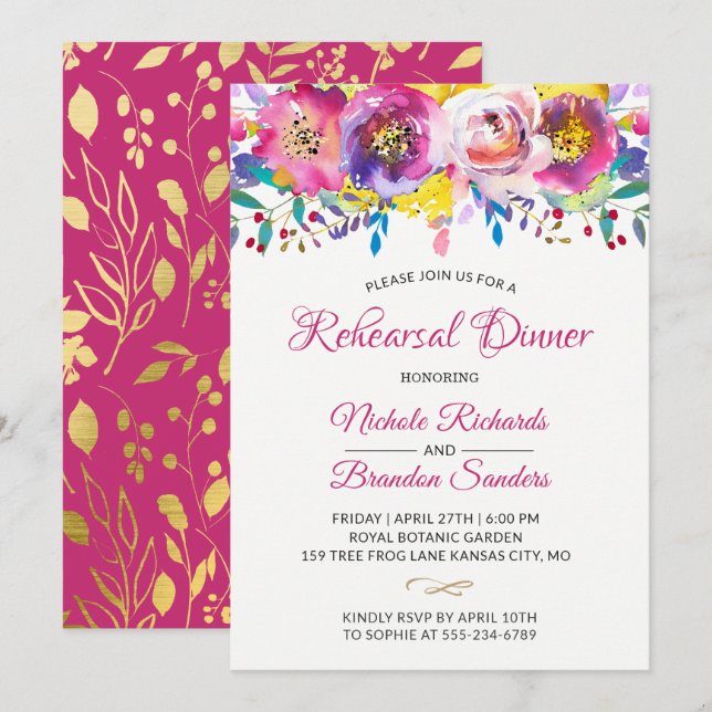 Invitation Dîner de répétition de jardin floral d'or Fuchsia  (Devant / Derrière)