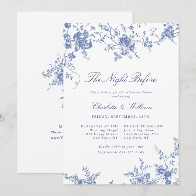 Invitation Dîner de répétition de jardin victorien bleu franç (Devant / Derrière)