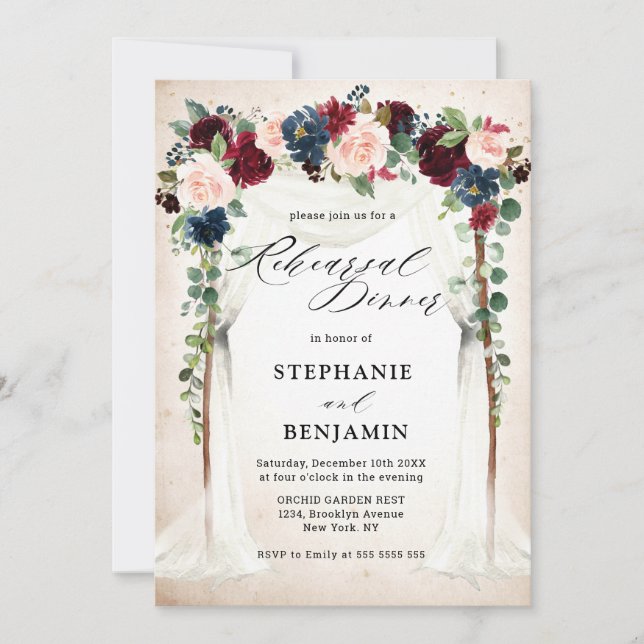 Invitation Dîner de répétition de la Burgundy Blush Navy Flor (Devant)