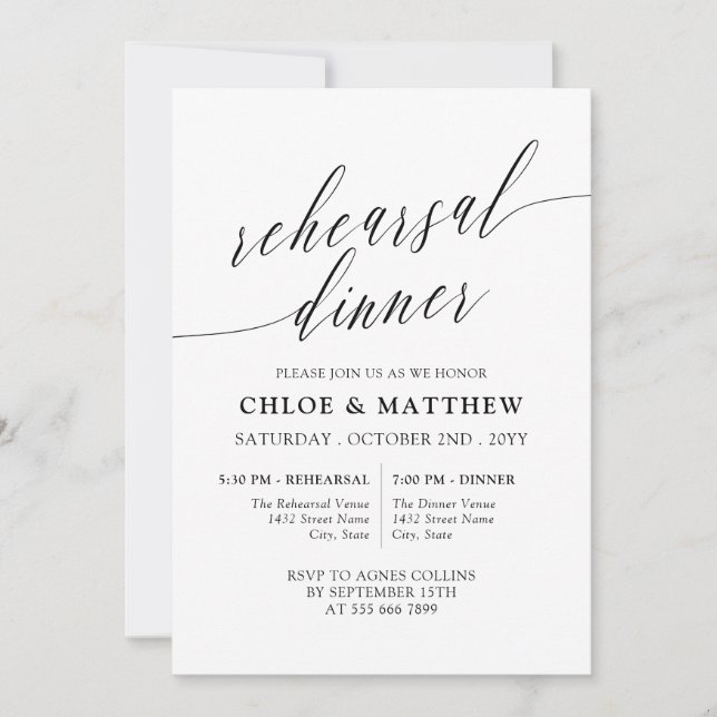 Invitation Dîner de répétition de la calligraphie blanche noi (Devant)