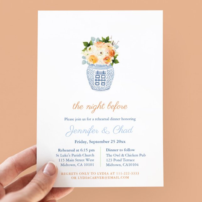 Invitation Dîner de répétition de la Chinoiserie mariage de a (Fall Flowers In Chinoiserie Vase Wedding Rehearsal And Dinner Invitation In Navy Blue & Burnt Orange)