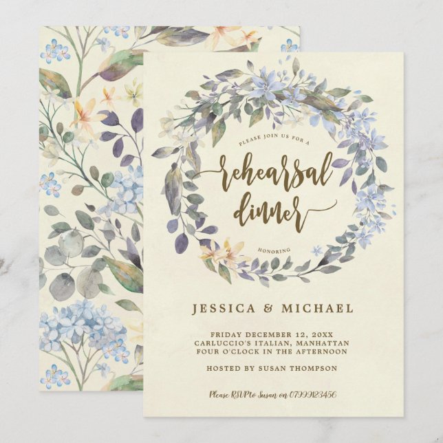 Invitation dîner de répétition de la couronne fleurie boho in (Devant / Derrière)