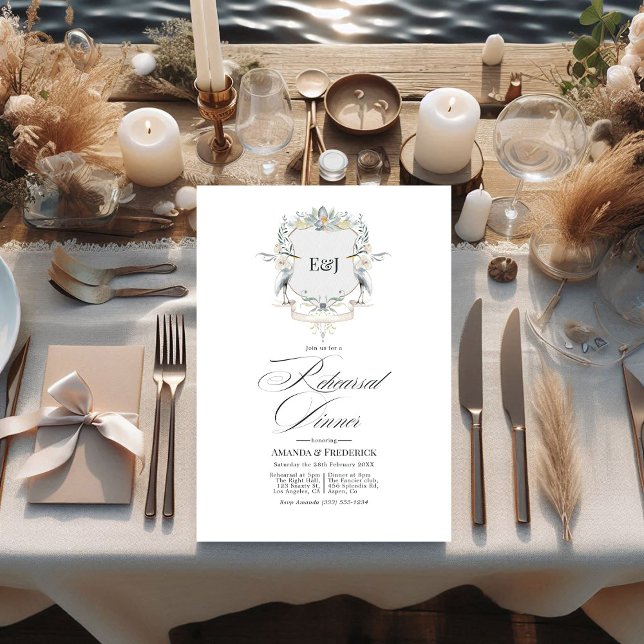 Invitation Dîner de répétition de la crête de Lakeside Monogr (Lakeside Monogram Laurel Crest Rehearsal Dinner Invitation)