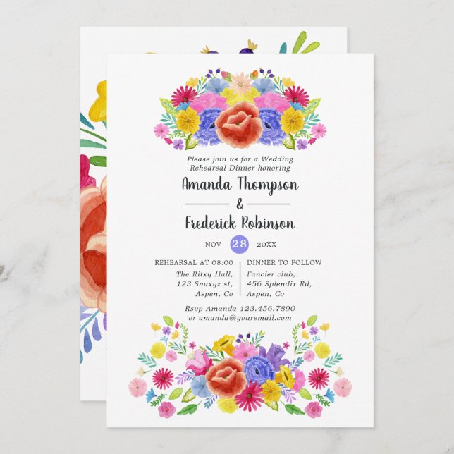 Invitation Dîner de répétition de la fiesta florale d'aquarel (Devant / Derrière)