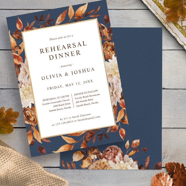 Invitation Dîner de répétition de la marine automnale (Autumn Watercolor Floral  Navy Blue Rehearsal Dinner Invitation by Painted Paperie
)