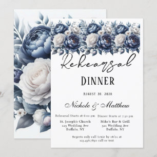Invitation Dîner de répétition de la Marine Blue Peonies et R