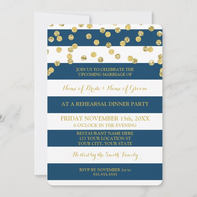 Invitation Dîner de répétition de la Marine Blue Stripes Gold (Dos)