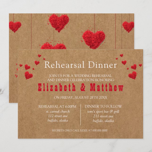 Invitation Dîner de répétition de la Saint-Valentin (Devant / Derrière)