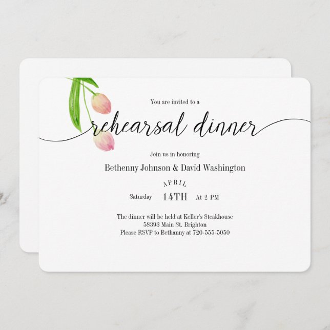 Invitation Dîner de répétition de la tulipe d'aquarelle Invit (Devant / Derrière)
