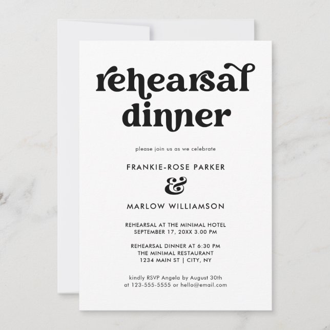 Invitation Dîner de répétition de la typographie noir blanc (Devant)