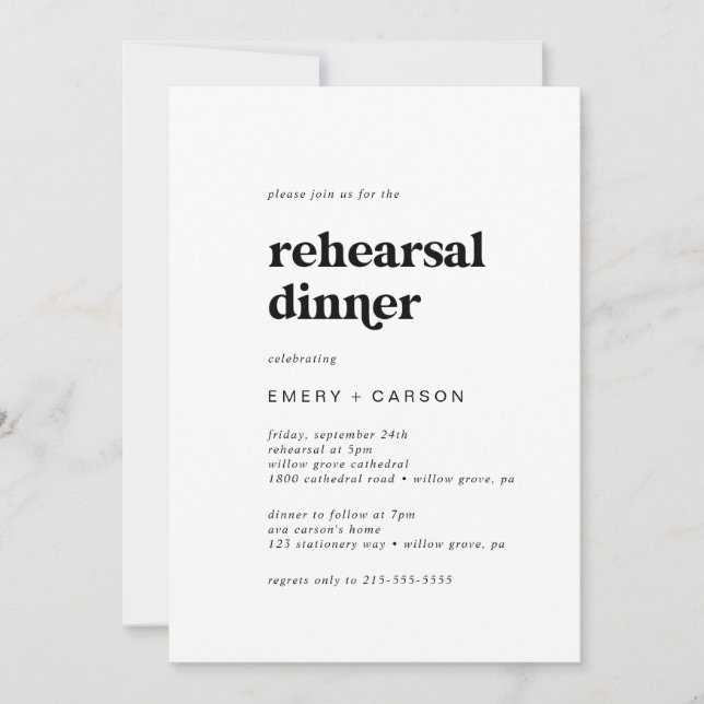 Invitation Dîner de répétition de la typographie noire modern (Devant)