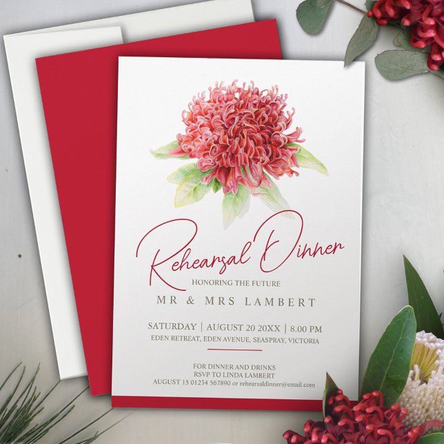 Invitation Dîner de répétition de la waratah rouge bordeaux (Créateur téléchargé)