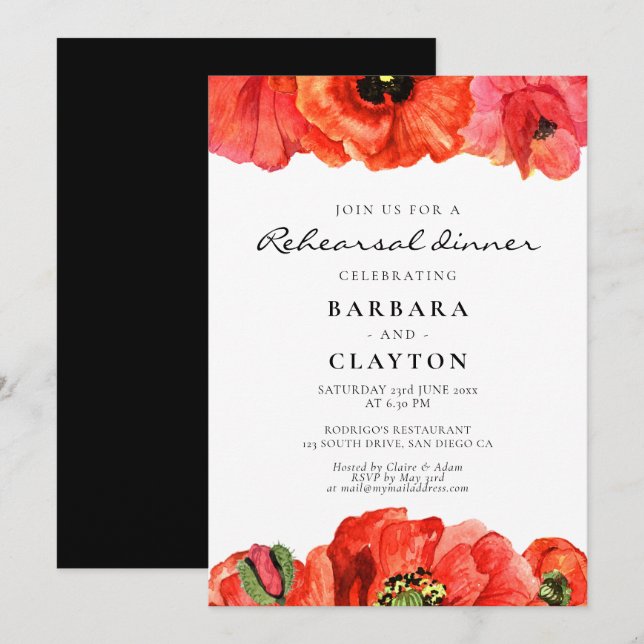 Invitation Dîner de répétition de l'aquarelle des pavots roug (Devant / Derrière)