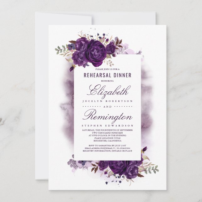 Invitation Dîner de répétition de l'Aquarelle Florale Pourpre (Devant)
