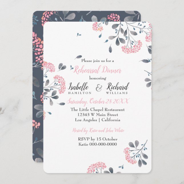 Invitation Dîner de répétition de l'aquarelle rose fleurie de (Devant / Derrière)