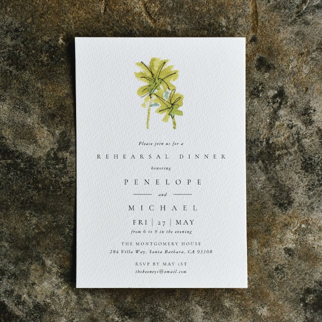 Invitation Dîner de répétition de l'aquarelle tropicale des p (Watercolor palm trees rehearsal dinner invitation.)