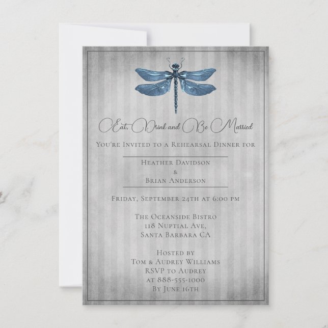 Invitation Dîner de répétition de libellules à bijoux bleus (Devant)