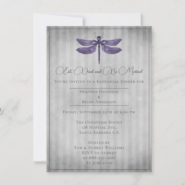 Invitation Dîner de répétition de libellules à bijoux pourpre (Devant)
