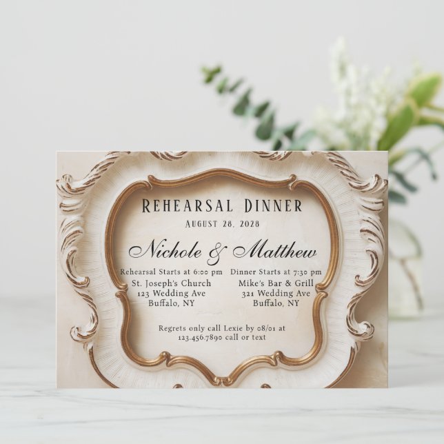 Invitation Dîner de répétition de luxe baroque blanc et or (Debout devant)