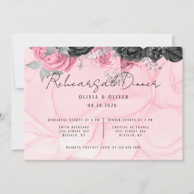 Invitation Dîner de répétition de luxe rose et noir floral (Devant)