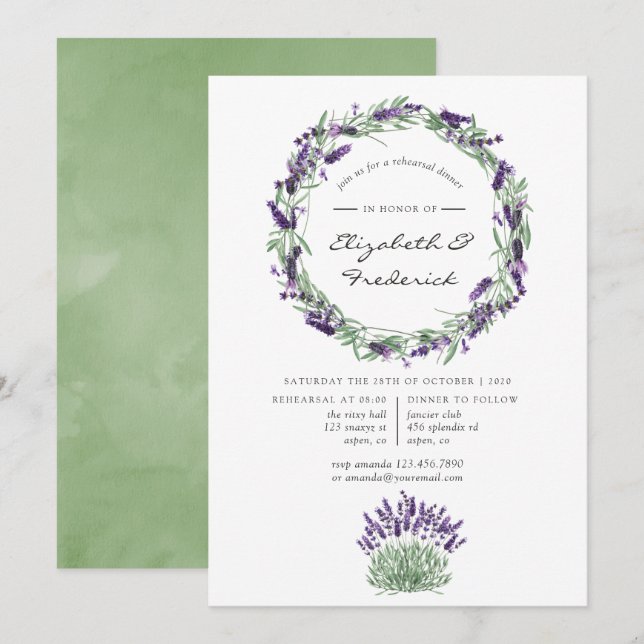 Invitation Dîner de répétition de mariage à l'aquarelle lavan (Devant / Derrière)