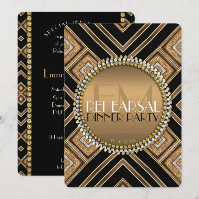 Invitation Dîner de répétition de mariage Art déco noir et or (Devant / Derrière)