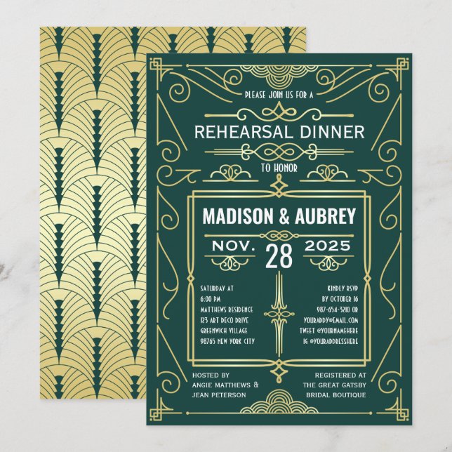 Invitation Dîner de répétition de mariage Art déco vert foncé (Devant / Derrière)