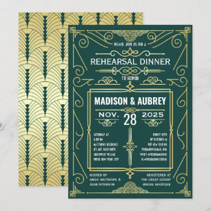 Invitation Dîner de répétition de mariage Art déco vert foncé