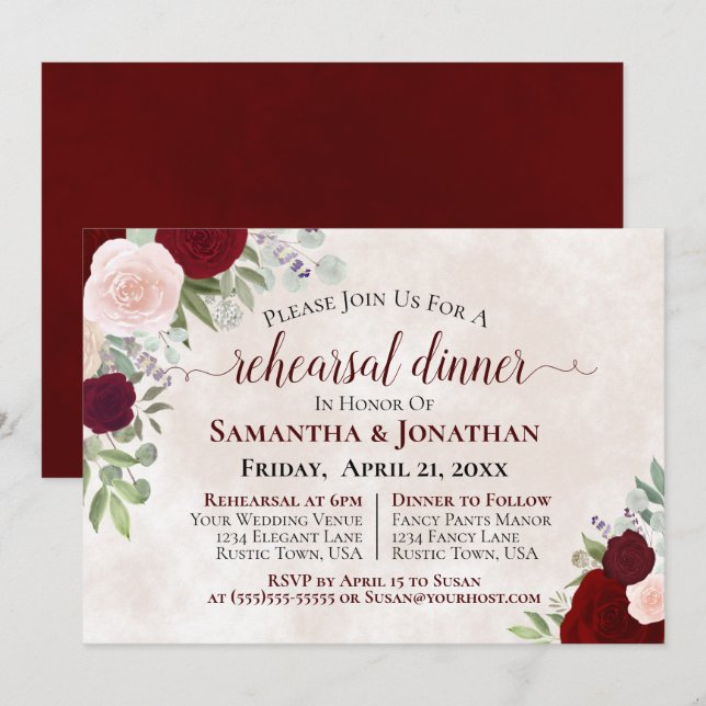 Invitation Dîner de répétition de mariage des Roses de Bourgo (Devant / Derrière)