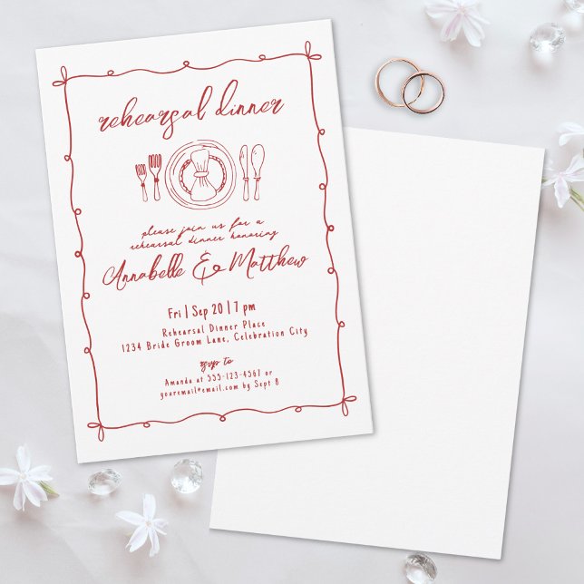 Invitation Dîner de répétition de mariage dessiné à la main e (Hand Drawn Red Wedding Rehearsal Dinner Invitation)