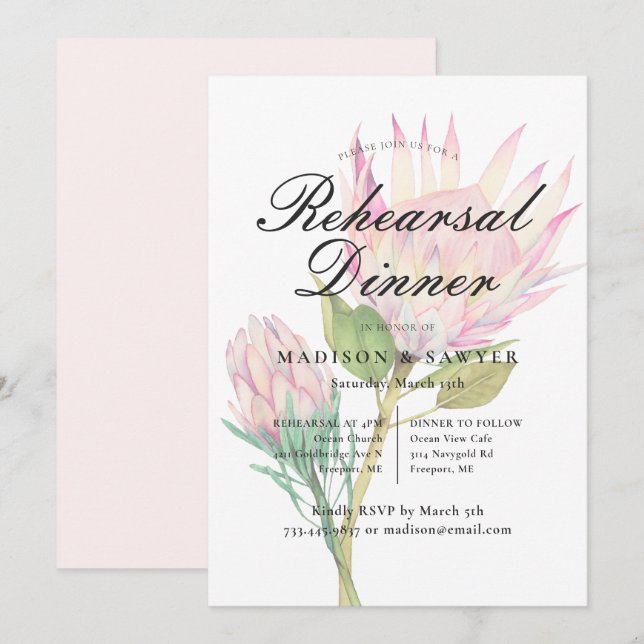 Invitation Dîner de répétition de Mariage exotique rose (Devant / Derrière)