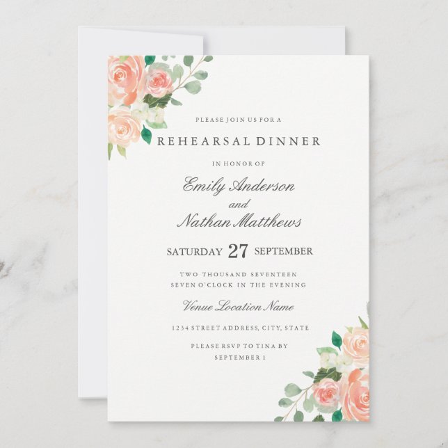 Invitation Dîner de répétition de Mariage floral de la pêche (Devant)