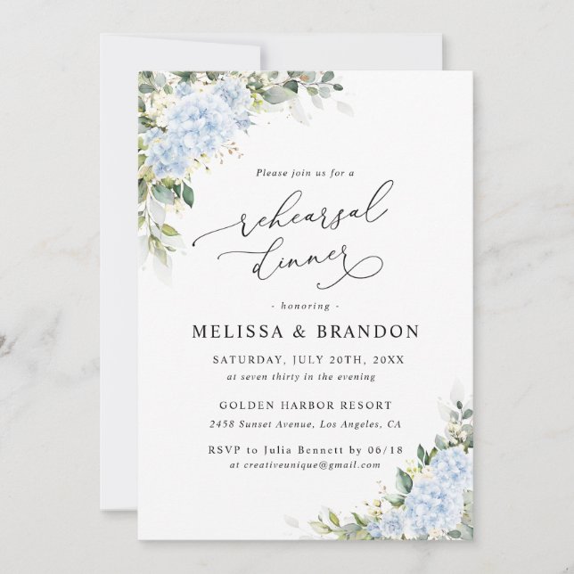 Invitation Dîner de répétition de mariage floral Hydrangea bl (Devant)