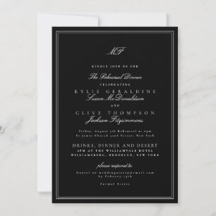 Invitation Dîner de répétition de mariage formel en noir et b