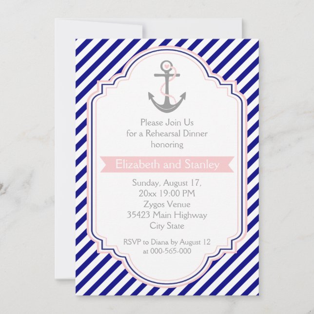 Invitation Dîner de répétition de mariage nautique rose bleu  (Devant)