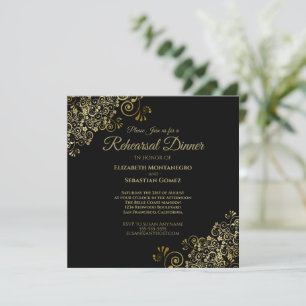 Invitation Dîner de répétition de mariage noir or élégant car