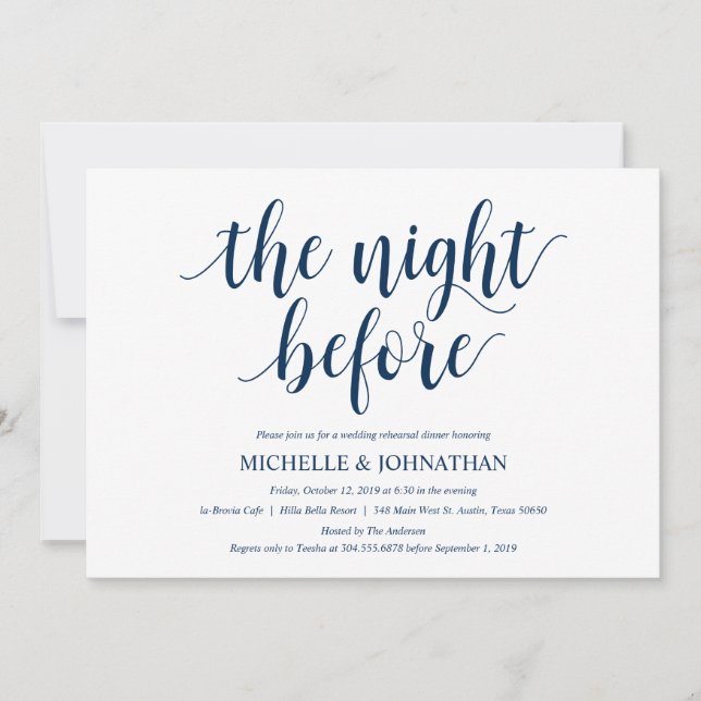 Invitation Dîner de répétition de mariage rustique, bleu mari (Devant)