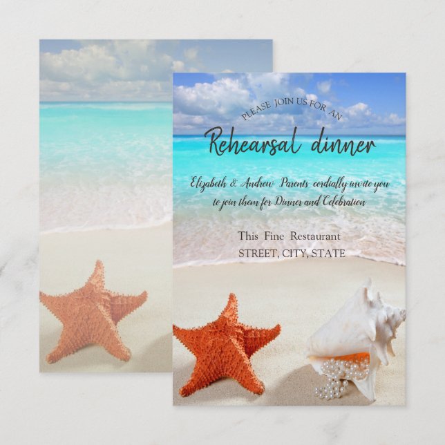 Invitation Dîner de répétition de mariage sur la plage coquil (Devant / Derrière)